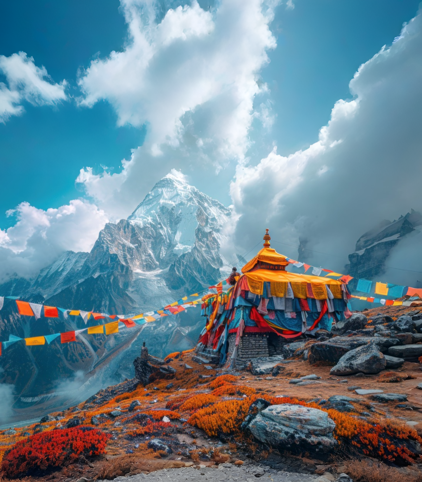 mountaintop temple with prayer flags